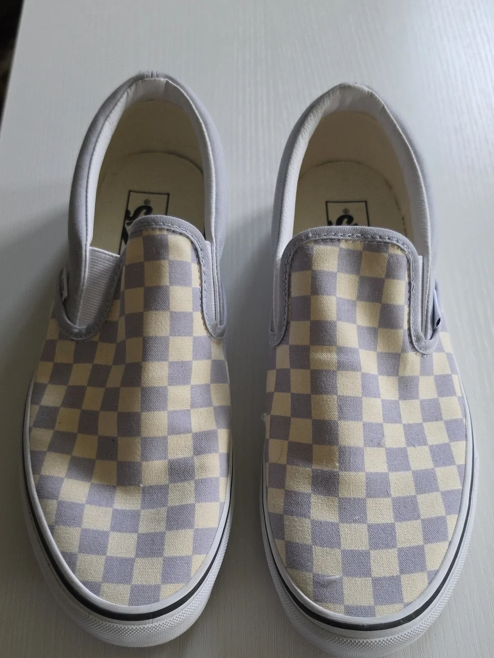 Mens Vans Slip-On Checkerboard Sneakers in Light Gray and Cream Like New